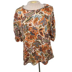 Kate Park Floral Print Tunic‎ Top, Women's Medium, 3/4 Sleeve, Orange Blue